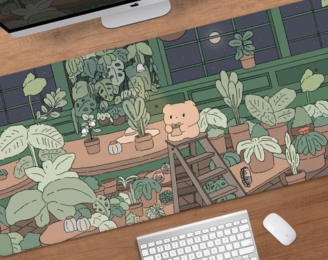 Cute Desk Mat, Desk Mat Pad, Green Desk Mat, Kawaii Desk, Anime Desk, Green Desk, Gaming Desk Mat, Bunny And Bear, Monstera Leaves