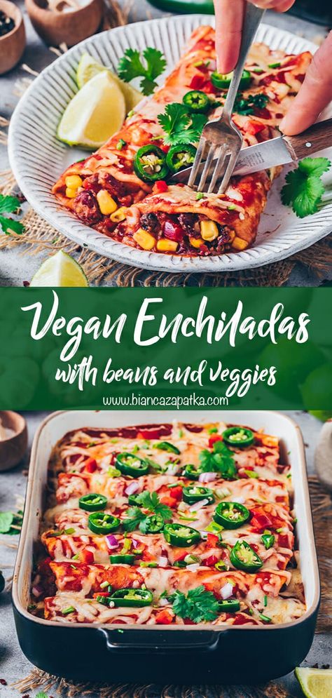 Tasty Vegan Enchiladas stuffed with beans, corn, bell pepper, topped with tomato sauce & dairy-free cheese - The Best Easy Mexican Veggie Enchilada Recipe! Easy Casserole Recipe, Vegan Diner, Veggie Enchiladas, Vegeterian Recipes, Vegan Enchiladas, Easy Enchiladas, Homemade Lunch, Easy Veggie, Enchilada Recipes