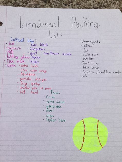 Softball Travel Ball Packing List, Summer Softball Must Haves, Softball Travel Packing List, Softball Packing List, What To Pack For Softball Tournament, Softball Tournament Essentials, What To Bring To A Baseball Game, What To Put In Your Softball Bag, Softball Tournament Packing List