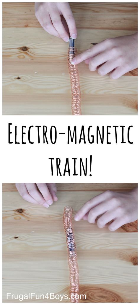 Here is an interesting project for kids that explores both electricity and magnetism – build a simple electromagnetic train! This intriguing video has been making it’s way around Facebook… it’s a simple electric “train” made out of coiled copper wire and a train car comprised of a battery with magnets on both ends.  It was … Electricity And Magnetism, Science Electricity, Physics Projects, Science Projects For Kids, Project For Kids, Science Activities For Kids, Electric Train, Stem For Kids, Fair Projects