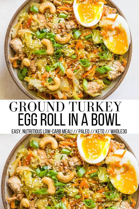 https://www.theroastedroot.net/ground-turkey-egg-roll-bowls/ Egg Roll Bowls, Turkey Egg, Turkey Bowl, Healthy Ground Turkey, Sauteed Cabbage, Eggroll In A Bowl, Egg Roll In A Bowl, Healthy Bowls Recipes, Healthy Dinner Recipe