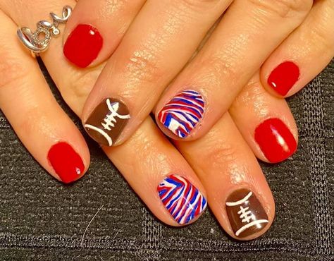 Buffalo Bills Zubaz Nails, Buffalo Bills Manicure, Buffalo Bill Nails, Buffalo Bills Nail Ideas, Buffalo Bills Nails Design, Red Football Nails, Bills Nails, Buffalo Bills Nails, Sports Nails