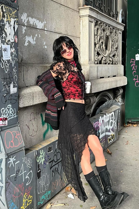 #mingalondon #lace #lacetop #laceskirt #asymmetricalskirt #blacklace #cardigan #knitwear #romanticvibes #grungefashion #grungeaesthetic #grungestyle #aesthetic #grungegirl #outfitinspo #outfitinspiration #outfitideas #styleinspo #grungegirl #aestheticoutfit #90s #90sfashion #00s #vintageoutfits #vintageaesthetic #2000seaesthetic #aestheticoutfits #2000sfashion #2000snostalgia #style #fashioninspo #ootd #outfits #cuteoutfits #grungeclothing #grungeclothes #y2kfashion #y2kclothing #y2kclothes Long Back Skirt Outfits, Boho Aesthetic Outfit Winter, 90s Grunge Outfits Punk Rock, Minga London Outfits, Alt Rock Concert Outfit, 90s Cardigan Outfit, Feminine Grunge Outfits, Grunge Festival Outfit, 90s Witchy Outfits