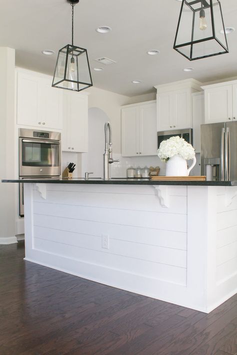 Shiplap On Kitchen Island, Kitchen Island Shiplap, Island Shiplap, Kitchen Shiplap, Kitchen Renovation Diy Ideas, Diy Kitchen Makeover Ideas, Kitchen Island Makeover, Shiplap Kitchen, Affordable Kitchen