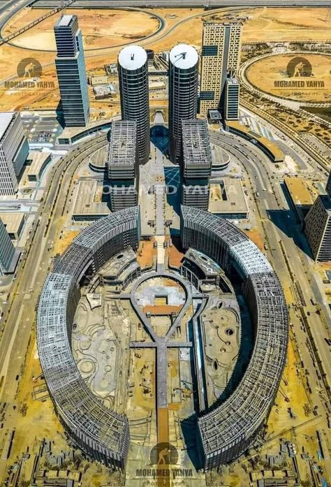 The latest exclusive photo of the life bridge key in the middle of the towers of the Central Business District (CBD) in the New Administrative Capital Central Business District, Business District, 1960s Fashion, Heaven On Earth, Places Around The World, Aerial View, In The Middle, Egypt, 1960s