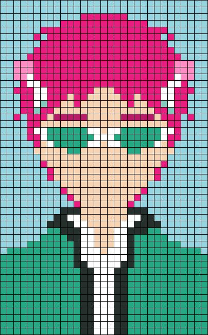 Saiki K Pixel Art, Anime Grid Pattern, Jjk Pixel Art, Demon Slayer Alpha Pattern, Jjk Crochet Tapestry, Anime Pixel Art Grid, Grids Crochet, Inuyasha Alpha Pattern, Alpha Patterns Crochet Anime