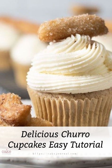 Churros cupcake with whipped cream on top Easy Churro Cupcakes, Churro Cupcakes With Box Cake, Churro Mini Muffins, Churro Muffins Easy Recipes, Vegan Churro Cupcakes, Best Desserts To Make, Churro Inspired Desserts, Impossible Cake, Churro Cake