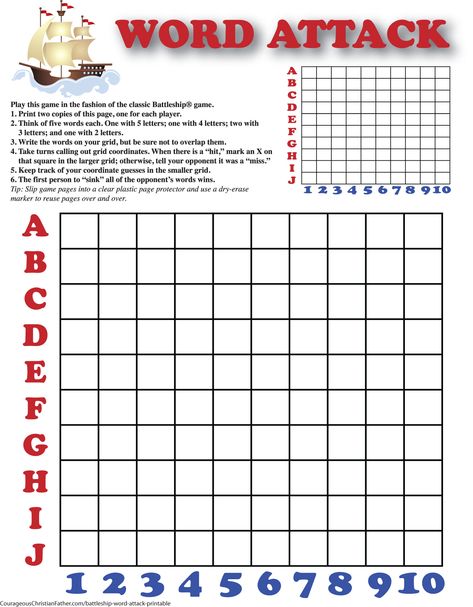 Battleship Word Attack Printable - a Free word attack printable plays like the classic Battleship game. Staff Games, English Games For Kids, Battleship Game, Book Journaling, Speed Games, Pen And Paper Games, Homeschool Writing, Reading Festival, Skill Building