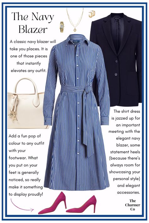 Style a classic striped shirt dress with a navy blazer and pop of colour heels for fun Navy Blazer With Dress, Navy Striped Dress Outfit, Style A Shirt Dress, Blazer With Dress, Shop The Outfit, Work Capsule, Bag Necklace, Dress Blazer, Shirt Dress Outfit