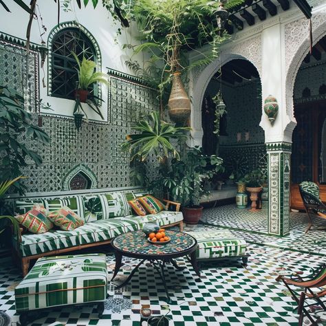 Who’s green with envy over this stunning Marrakech oasis?? 🙋🏻‍♀️ This estate exudes traditional Moroccan design with vibrant colors, intricate patterns, and rich textures. I especially love the use of arabesque motifs and arches in the doorways and openings. There’s just something about this style that invites you to come in and stay awhile….do you agree? Let me know your thoughts below!!👇 Conceptualized by @homescapedofficial ai . . . #marrakech #morocco🇲🇦 #moroccotravel #zelligetile #gr... Morrocan Riad, Palm Beach Interior Design, Moroccan Style Interior, Moroccan Inspiration, Beach Interior, Dubai Wedding, Interior Design Courses, Moroccan Interiors, Spanish Style Homes