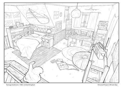 ArtStation - Teenage Bedroom | Design & Linework Drawing Bedroom Sketches, Bedroom Base Drawing, Manga Room Drawing, Messy Bedroom Drawing, Bedroom Reference Drawing, Bedroom Design Sketch, Bedroom Design Drawing, Room In Perspective, Bedroom Drawing Sketches