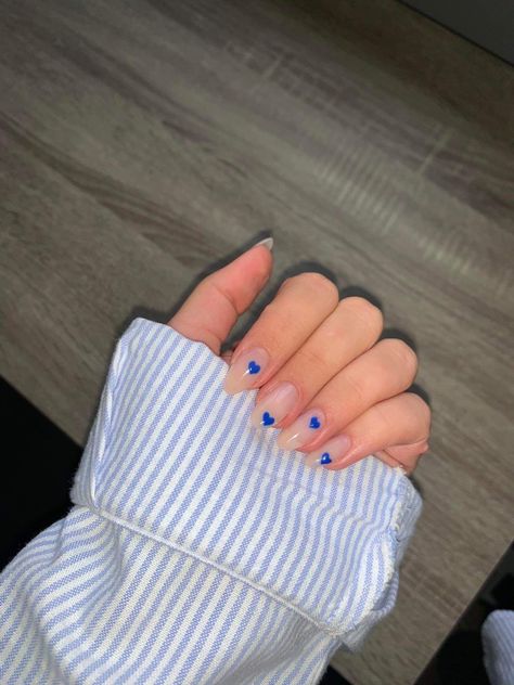 Short Nail Designs White And Blue, French Tip Blue Heart, French Nails With Blue Heart, Navy Heart Nails, Royal Blue Heart Nails, Navy Blue Heart Nails, Electric Blue Almond Nails, Nails With Blue Heart Design, Blue French Tip Nails With Heart