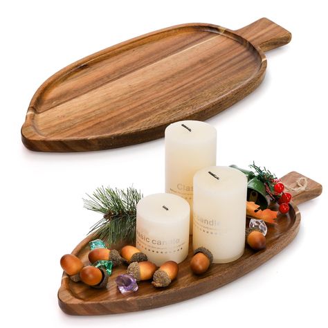 Wood Serving Platters: set of 2 platters for serving food measures 13" x 5.5" x 0.8". With its natural warm tones, this set of wooden plates brings a rustic, vintage feel to your tabletop, a perfect tray for storage, display and decoration at dining table, coffee table, dresser, mantelpiece, bathroom, bedroom Good Quality: Crafted from natural and durable acacia wood, the beautifully wooden trays for decor will not shatter easily, safe for food, sturdy and stable. The entire tray is polished to a smooth surface with no rough edges to hurt your hands Unique Shape: The unique leaf shape combined with the natural texture makes each wood tray unique and a beautiful addition to your home. The raised edges of the appetizer tray prevent any food from spilling or falling, and the petiole-like hand Wood Serving Platter, Appetizer Tray, Appetizer Trays, Wooden Trays, Table Dresser, Serving Tray Wood, Candle Tray, Wooden Plates, Storage Display