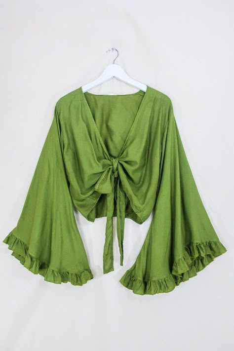 Green Bell Sleeve Top, Green Tie Front Top, 70s Tie Front Top, One Size Fits All Clothes, Green Top Outfit Summer, 70's Tops, Green Top Aesthetic, 70s Sleeves, Bell Sleeve Top Outfit