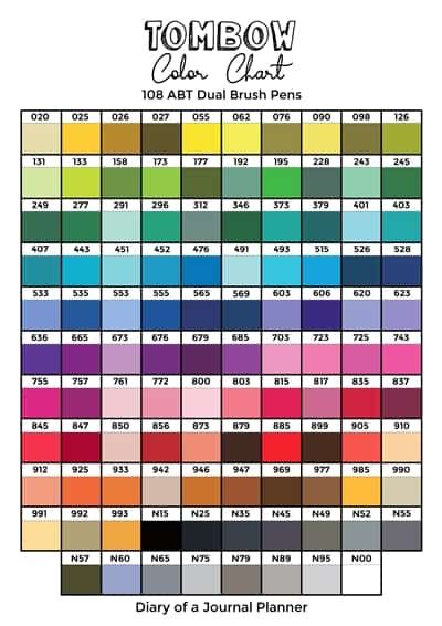 Tombow Color Chart (+ Printable to track your 108 or 96 dual brush pens) Color Chart Printable, Craft Inventory, Color Wheel Lesson, Prismacolor Combos, Tombow Pens, Tombow Brush Pen, Tombow Markers, Writing Paper Printable Stationery, Tombow Dual Brush Pen