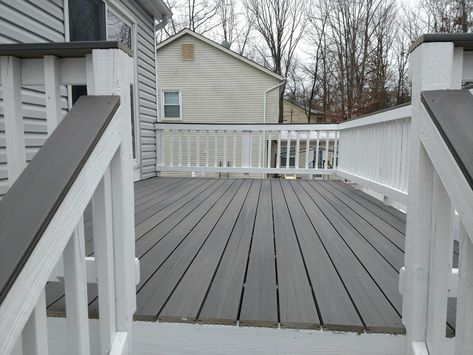 White Fence Paint, Grey Deck Stain, Grey Deck Paint, Backyard Bocce, Stained Deck, Deck Paint Colors, Porch Floors, Deck Stains, Porch Deck Ideas