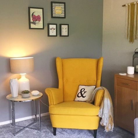 Yellow Armchair Living Room, Ikea Yellow Chair, Strandmon Chair, Ikea Armchair, Yellow Armchair, Ikea Living Room, Balloon Festival, Yellow Chair, Arm Chairs Living Room