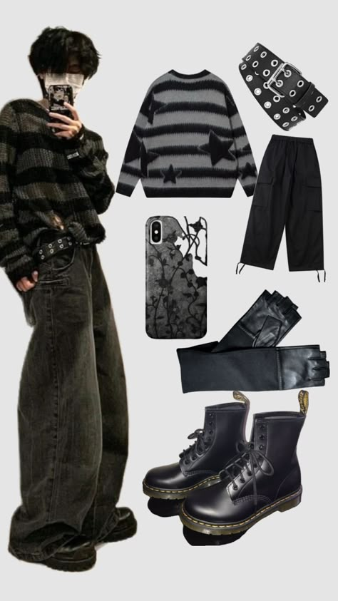 #outfitinspo #boys #boy #emo #black #gothic Baggy Outfit Ideas, Mode Hippie, Alt Outfits, Funky Outfits, New Rock, Swaggy Outfits, Gothic Outfits, Alternative Outfits, Really Cute Outfits