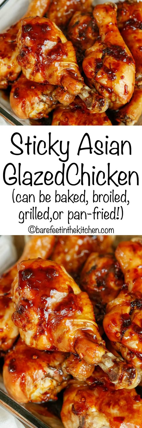 Sticky Asian Glazed Chicken can be baked, broiled, grilled, or pan-fried! Get the recipe at barefeetinthekitchen.com Asian Glazed Chicken, Chicken Parts, Chicken Recipes Easy, Asian Chicken Recipes, 4 Ingredient Recipes, Recipes Easy Dinner, Film Crew, Chicken Kebabs, Glazed Chicken