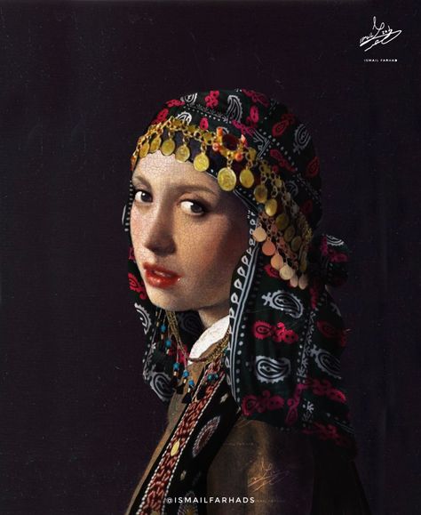 I made a kurdish version of one of the most famous artwork Girl with the Pearl Earring by the Dutch Golden age Painter Johannes Varmeer. Kurdish Aesthetic, Kurdish History, Kurdish Art, Girl With Pearl Earring, Girl With The Pearl Earring, Kurdish Culture, Kurdish Dress, Iran Pictures, Girl With A Pearl Earring