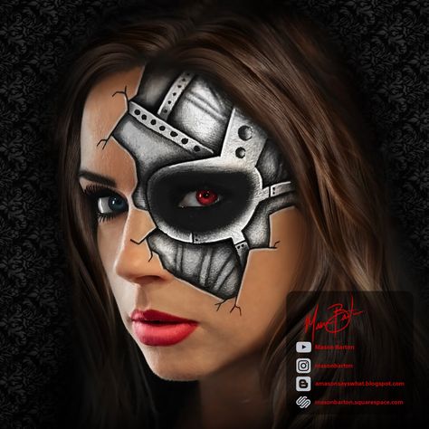 a Mason says what?: Cyborg Face Makeup Robot Makeup, Futuristic Makeup, Halloweenský Makeup, Creepy Halloween Makeup, Face Paint Makeup, Halloween Eye Makeup, Face Art Makeup, Amazing Halloween Makeup, Halloween Makeup Scary