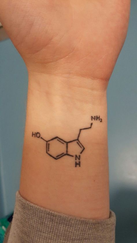 Ag Tattoo, Seratonin Small Tattoo, Serotonin Tattoo, Chemistry Tattoo, Science Tattoo, Science Tattoos, Running Tattoo, Full Hand Tattoo, Molecule Tattoo