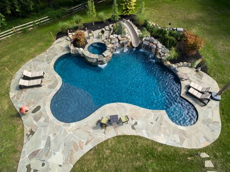 Freeform Pool With Spa And Tanning Ledge, Outdoor Pool Inground, Drop In Pools, Inground Pool With Slide, Pool With Spa Designs, Pool Ideas Inground, Pool Ideas Backyard, Pool With Slide, Rumson Nj