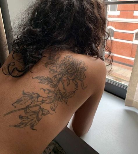 Back Contour Tattoo, Crysanthemum Tattoo Half Sleeve, Floral Tattoo Design Stencil, Chrysanthemum Tattoo Back, Scapula Tattoos For Women, Sholdertatoos Women, Big Rib Tattoos For Women, Ethereal Tattoo Sleeve, Whole Body Tattoo