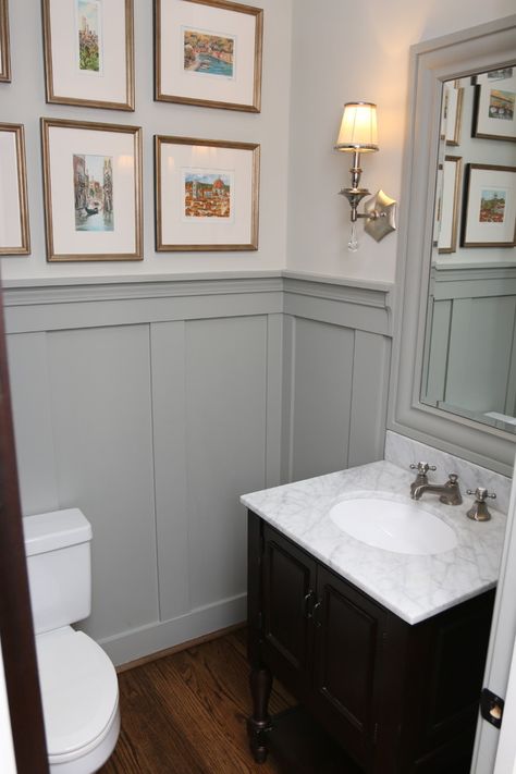 Decatur Powder Room Remodeling - Traditional - Powder Room - Atlanta - by Copernicus Home Creations | Houzz Board And Batten In Bathroom Half Baths, Half Bath Board And Batten Powder Rooms, Half Batten Board Walls, Half Bath With Board And Batten, Powder Room With Board And Batten, Board And Batten Wall Small Bathroom, Southern Powder Room, Powder Room Wainscoting Ideas, Powder Room Paneling