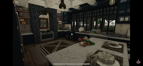 Dark Bloxburg House Ideas, Bloxburg Industrial House, Dark Victorian Kitchen, Bloxburg Realistic Kitchen, Bloxburg Realistic House, Bloxburg Castle, Blocksburg House, Cullen House, Bloxburg Tips