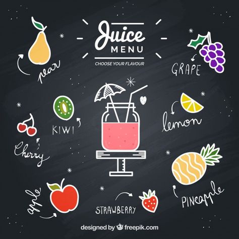 Blackboard with drawn fruits Free Vector Juice Bar Interior, Kombi Food Truck, Juice Cafe, Drink Menu Design, Juice Menu, Juice Bar Design, Juice Logo, Smoothie Shop, Fruit Logo