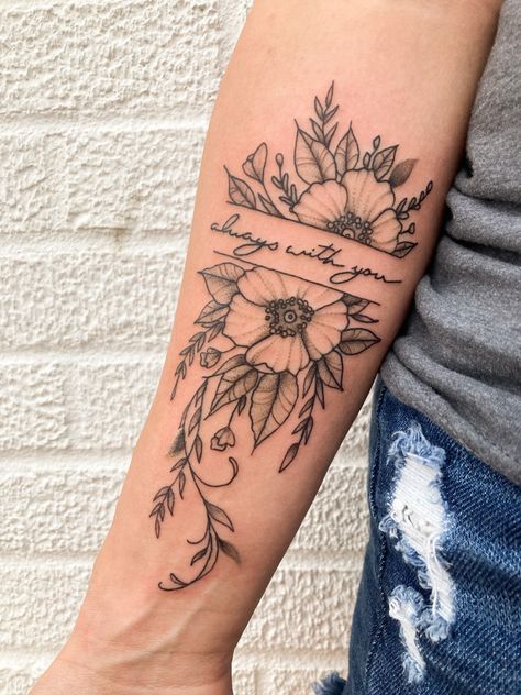 Floral Tattoo Forearm, Flower Tattoo Forearm, Flower Tattoo On Forearm, Name Flower Tattoo, Flower Lyrics, Outer Forearm Tattoo, Inner Arm Tattoos, Tattoo 2024, Forearm Flower Tattoo