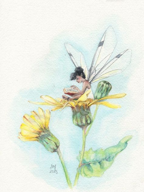 Faries Drawings Sketches, Watercolor Fairy Art, Fairy Reading A Book Tattoo, Faerie Drawing, Fairy Plants Drawing, The Flower Fairies Tattoo, Watercolour Fairies, Painting Fairies, Watercolor Fantasy Art