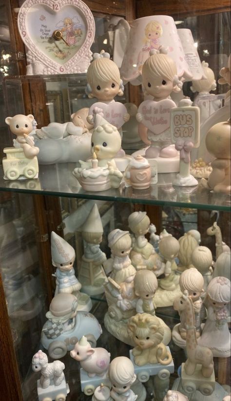 Precious Moments Collection Display, Precious Moments Aesthetic, Precious Moments Dolls, Figurine Display, Precious Moments Figurines, Angel Figurines, Doll Parts, Porcelain Dolls, Precious Moments