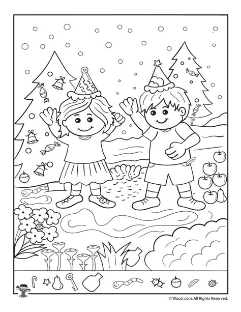 The Kids at Christmas Hidden Picture Page | Woo! Jr. Kids Activities Christmas Games Kindergarten, Hidden Pictures Printables, Games Kindergarten, Hidden Picture Puzzles, Kids Worksheets Printables, Math Coloring, Art Therapy Activities, Hidden Pictures, Hidden Objects