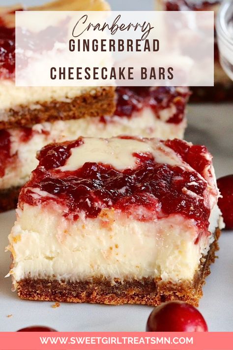 These easy cranberry gingerbread cheesecake bars have a soft molasses cookie crust and creamy traditional cheesecake layer topped with swirled cranberry sauce. Try these cheesecake bars, cranberry cheesecake, gingerbread cheesecake today! Cranberry Gingerbread, Cranberry Cheesecake Bars, Molasses Cookie, Cheesecake Bar, Gingerbread Cheesecake, Cranberry Dessert, Cranberry Cheesecake, Cheesecake Bar Recipes, Holiday Favorite Recipes