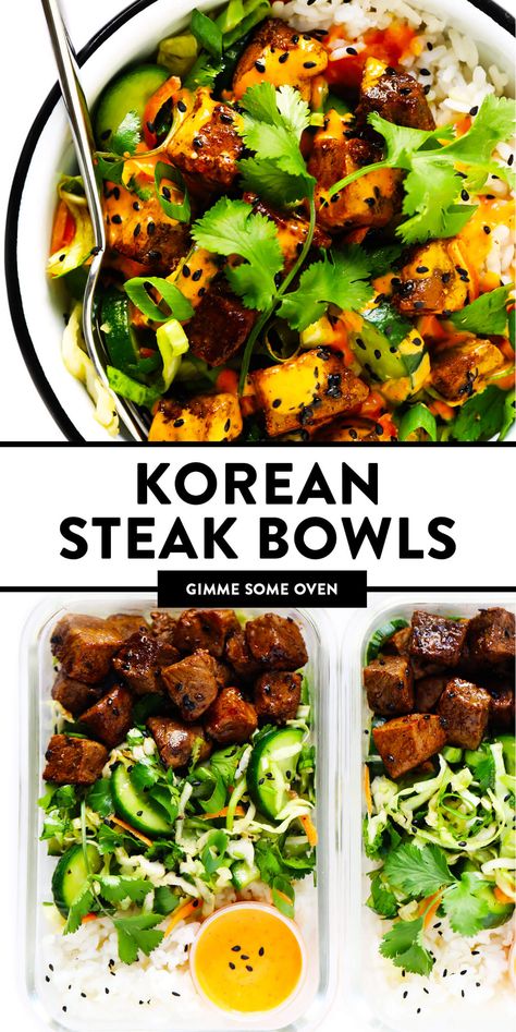 Korean Meal Prep, Gochujang Dressing, Steak Rice Bowl, Peper Steak, Steak Bowls, Korean Steak, Cucumber Slaw, Shrimp Tofu, Steak And Rice