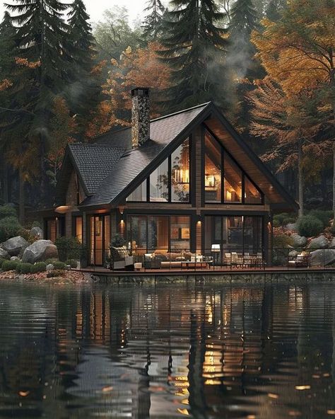 Cabin By A Lake, Cabin With Large Windows, Forest Lake House, Modern Lake Cabin, Forest Cabin Interior, Large Cottage House, House Large Windows, Cabin By Lake, Small Cozy House