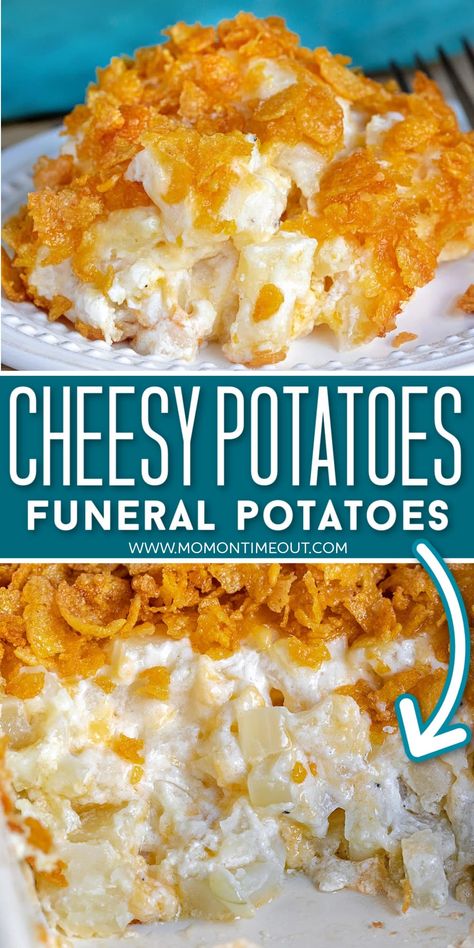 Cheesy Potatoes (also called Funeral Potatoes) are the ultimate comfort food! This easy hash brown casserole is loaded with cheesy potatoes, onion, garlic, sour cream and has a crunchy cornflake topping. The perfect side dish for the holidays! // Mom On Timeout #potatoes #sidedish #funeralpotatoes #cheesypotatoes #partypotatoes #casserole Easy Hash Brown Casserole, Easy Hashbrowns, Hashbrown Casserole Easy, Keto Easter, Cheesy Potato Casserole, Easter Side Dishes, Bean Recipe, Potato Recipes Side Dishes, Potatoe Casserole Recipes