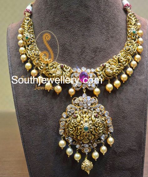 Antique Nakshi Peacock Necklace 40 Grams Gold Necklace Designs, Latest Jewellery Designs, Haram Designs, Bridal Diamond Necklace, Gold Temple Jewellery, Peacock Necklace, Diamond Wedding Jewelry, Beautiful Gold Necklaces, Bridal Diamond Jewellery