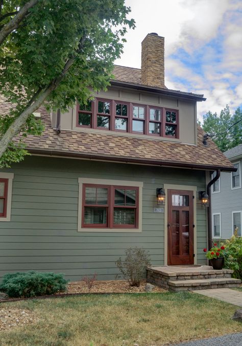 Exterior Paint Craftsman, Green And Burgundy House Exterior, Historic Craftsman Exterior, Green And Maroon House Exterior, Home Color Ideas Outdoor, Green Country House Exterior, Orange Trim House Exterior, Green Houses With Cream Trim, Green And Red Brick House Exterior