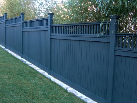 Stepped Essex Green stained Fairfield with Spindle Topper Blue Fence, Fence Diy, Nature Photography Trees, Black Fence, Privacy Fence Designs, Backyard Fence, Concrete Fence, Front Fence, Lattice Fence