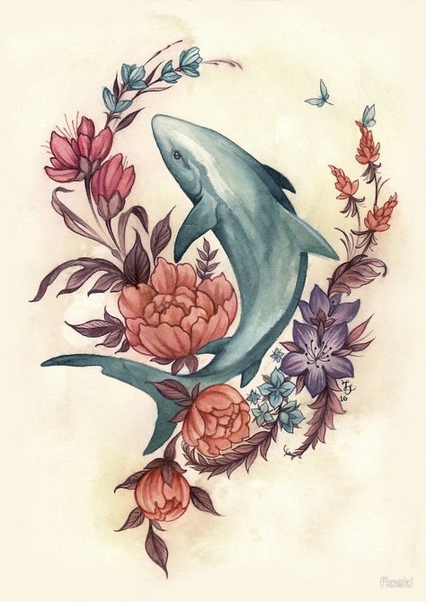 Floral Shark" by fioski | Redbubble Shark Tattoo Floral, Girly Shark Tattoo Ideas, Shark With Flowers Tattoo, Pretty Shark Tattoo, Flower Shark Tattoo, Ocean Creature Tattoo, Shark Flower Tattoo, Feminine Shark Tattoo, Shark Leg Tattoo