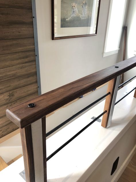 Half Wall Railing Ideas, Basement Railing Ideas Half Walls, Pony Wall Railing, Loft Railing Ideas Half Walls, Split Foyer Half Wall Railing Ideas, Half Wall With Railing On Top, Railing To Half Wall, Replace Half Wall With Railing, Entryway Divider