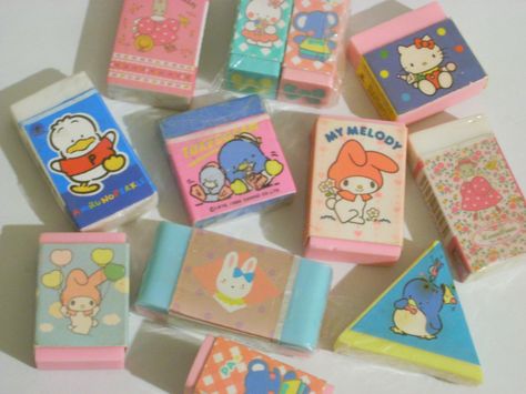 I remember these erasers and I can still remember the scent they had too! Sanrio Erasers, Eraser Collection, Vintage Stationery, 80s Toys, Cute School Supplies, Cute Stationery, Childhood Toys, Little Twin Stars, Sweet Memories