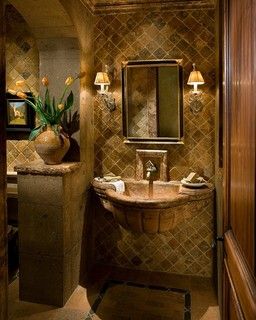 Rustic Bathroom Tuscan Powder Room, Tuscan Bathroom Ideas, Tuscan Bathroom Decor, Tuscany Decor, Tuscan Bathroom, Tuscan Design, Wood Bathroom Vanity, Washroom Design, Cheap Bathrooms