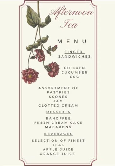 Vintage Afternoon Tea Menu - Etsy Spain Afternoon Tea Menu Ideas, Wedding Afternoon Tea, High Tea Menu, Scones And Jam, Vintage Afternoon Tea, Valentines Tea Party, Tea Party Menu, Valentine Tea, Tea And Crumpets