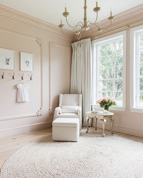 Champagne Paint Color Bedrooms, Pink Cream Tan Bedroom, Light Blush Wall Color, Champagne Pink Wall Color, Boutique Paint Color Ideas, Light Pink Office Walls, Pink Walls And Trim, Pink Crown Molding Wall, Neutral Pink Nursery Paint