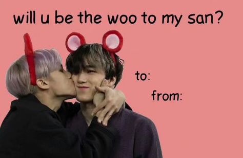 Home-cooked Valentine from me to you ❤️ . . . #Ateez #wooyoungateez #ateezwooyoung #san #woosan #ateezsan #valentinesday #kpop #kpopmemes #funny Kpop Valentine Cards, Kpop Valentines, Woosan Ateez, Kpop Memes, Valentines Cards, Valentine's Day, Valentines Day, Valentines, Memes