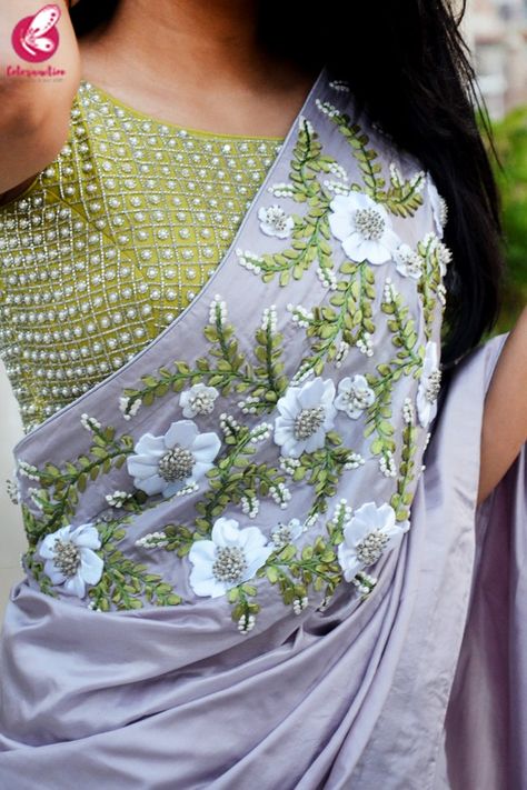 Lavender Grey Pure Silk Floral Ribbon Handwork Saree Handwork Saree, Lavender Grey, Saree Blouse Neck Designs, Designer Saree Blouse, Sari Blouse Designs, Saree Embroidery, Indian Saree Blouses Designs, Saree And Blouse, Simple Blouse Designs